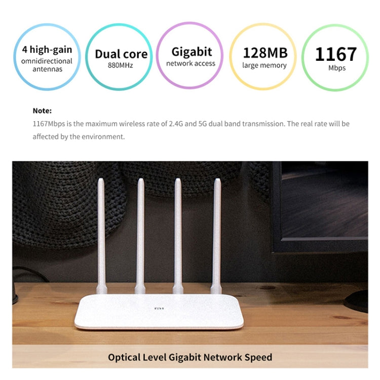 Original Xiaomi WiFi Router 4A Smart APP Control AC1200 1167Mbps 128MB 2.4GHz & 5GHz Dual-core CPU Gigabit Ethernet Port Wireless Router Repeater with 4 Antennas, Support Web & Android & iOS, US Plug Original Xiaomi WiFi Router 4A Smart APP Control AC1200 1167Mbps 128MB 2.4GHz & 5GHz Dual-core CPU Gigabit Ethernet Port Wireless Router Repeater with 4 Antennas, Support Web & Android & iOS, US Plug